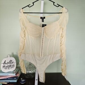 Privy Meshin Up‎ Mesh Long Sleeved Bodysuit Cream Size Large